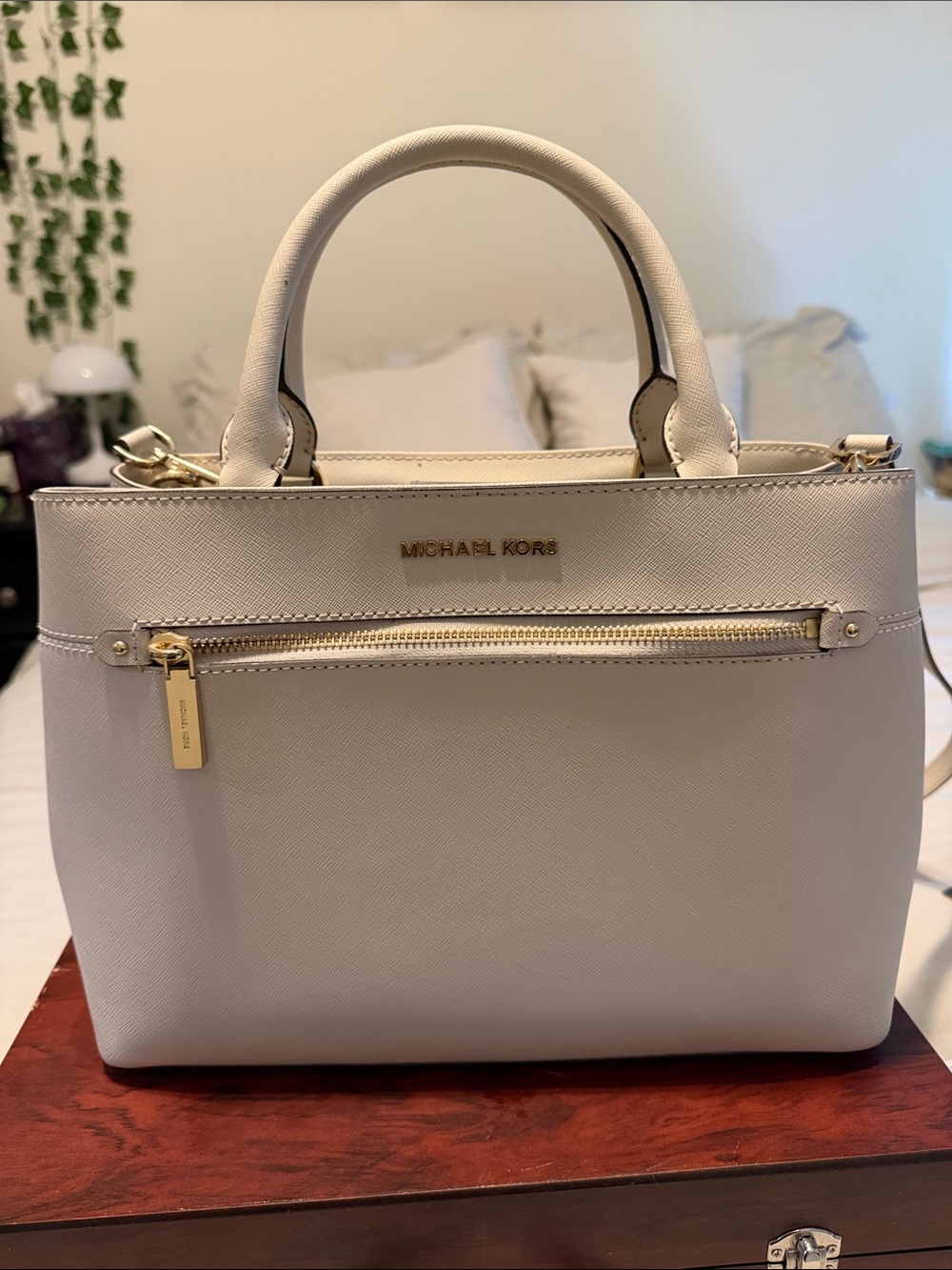 Michael Kors Cream Saffiano Leather Satchel with Gold Hardware